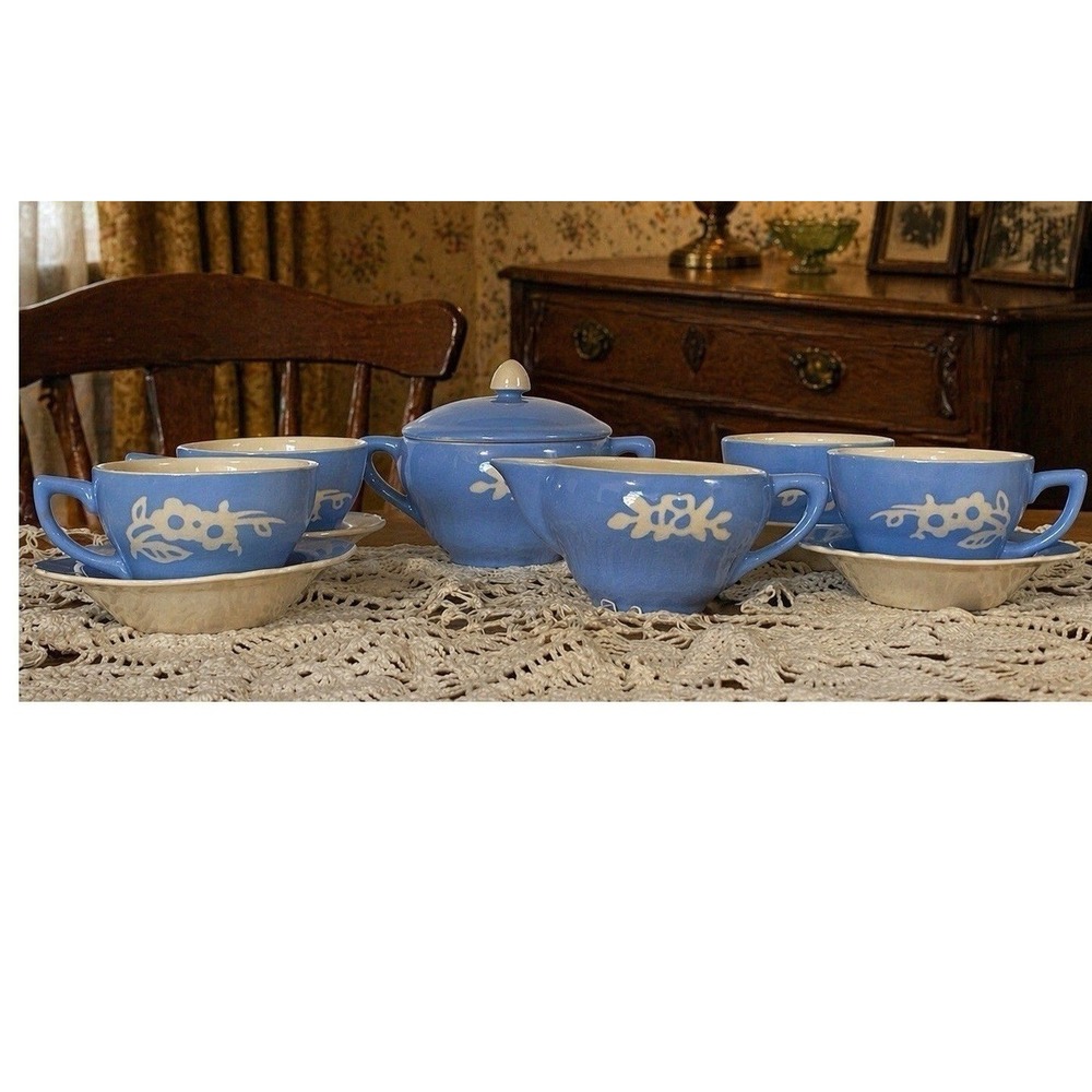 VTG Harker 11pc Cameoware Blue Dainty Flower Teacups Saucers Creamer Sugar Bowl